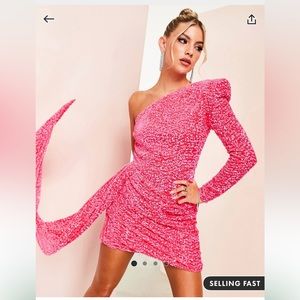 ASOS LUXE Pink Sequin One Shoulder Asymmetric Draped Mini Dress Size 12